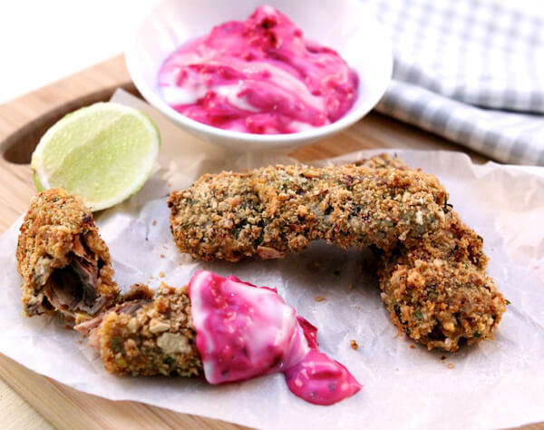 Lucky Star Herb Crusted Pilchards with Beetroot Tzatziki